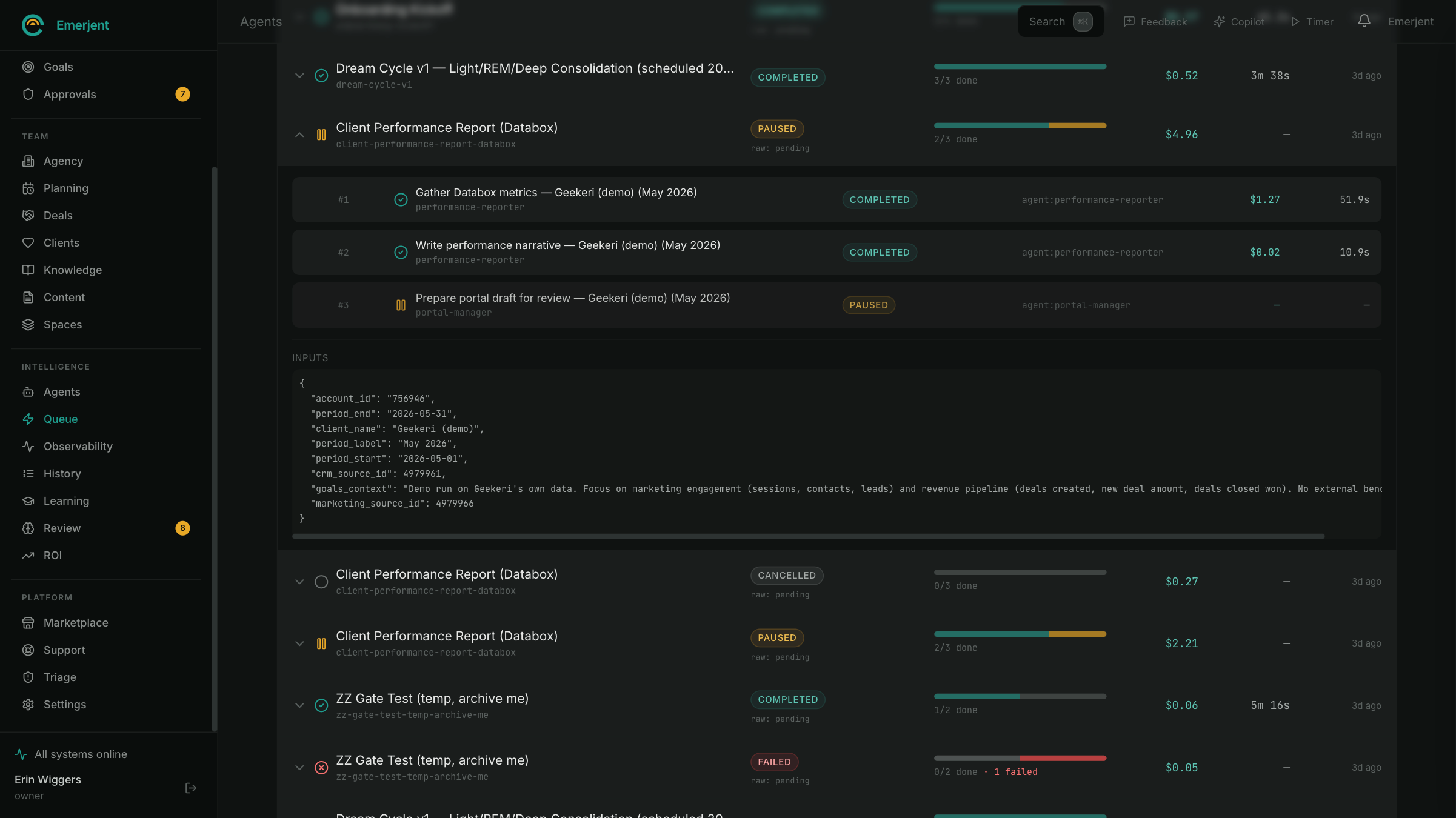 A Client Performance Report workflow run: gather Databox metrics, write the narrative, then pause for review before the portal draft, with per-step agent, cost, and duration.